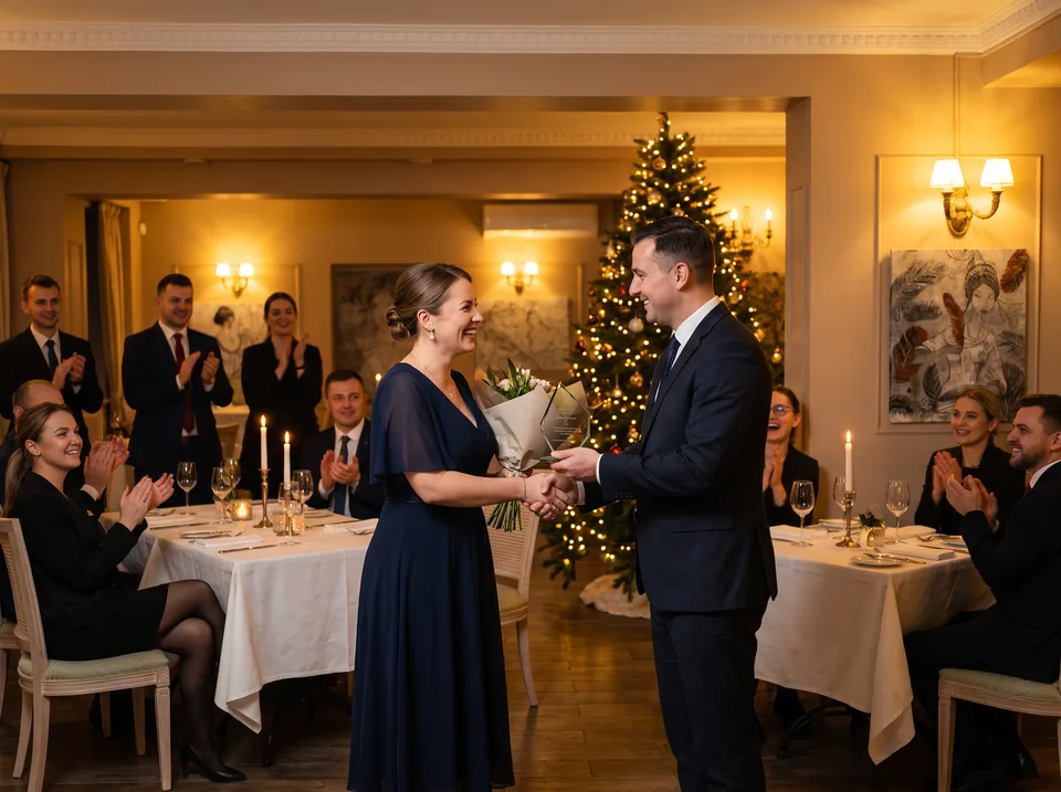 Kolegei įteikiamas apdovanojimas per kalėdinę vakarienę „Art Hotel Bohema“ restorane (vizualizacija)