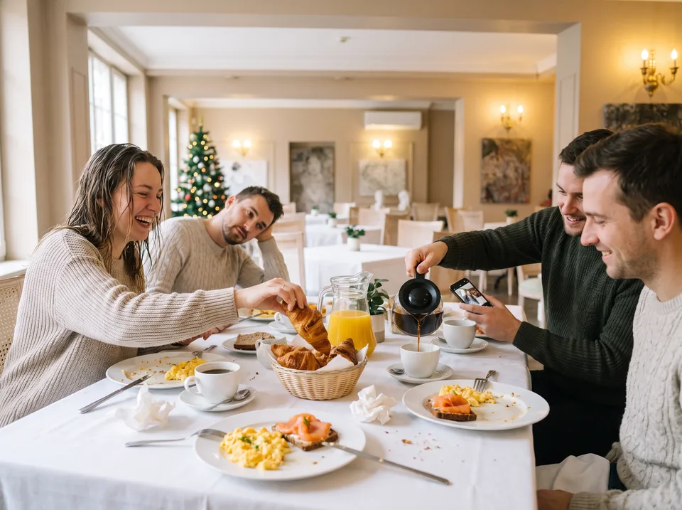 Kolegos prie vėlyvųjų pusryčių rytą po šventės „Art Hotel Bohema“ restorane (vizualizacija)