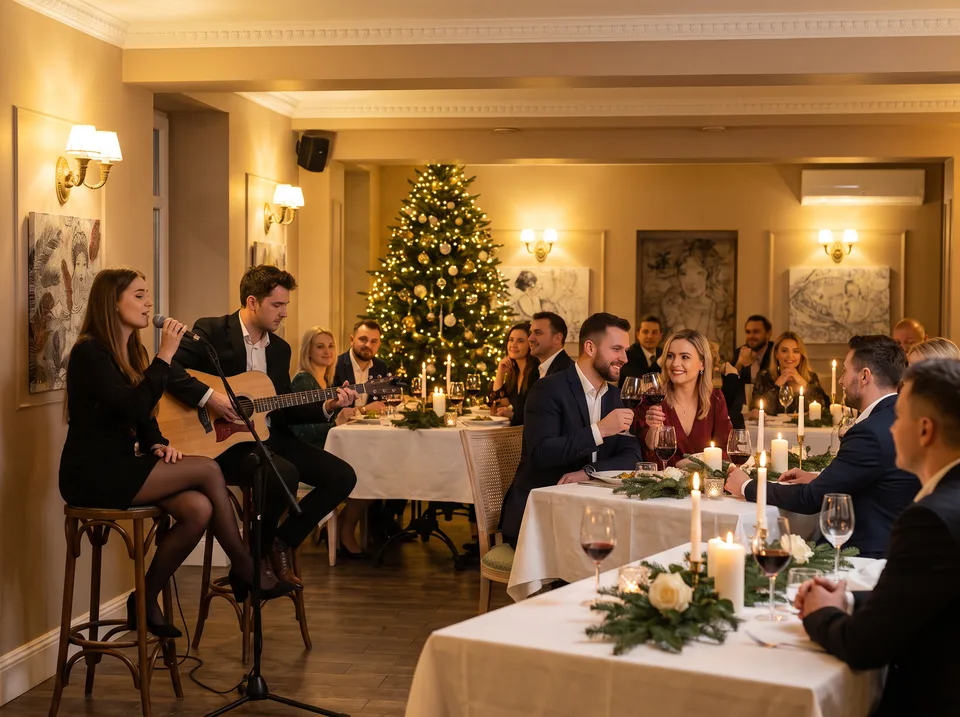 Akustinis duetas groja vakarieniaujantiems kolegoms „Art Hotel Bohema“ restorane (vizualizacija)