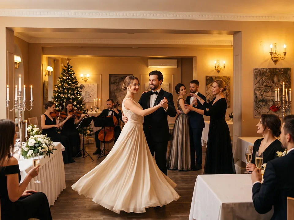 Kolegos šoka valsą prie styginių kvarteto „Art Hotel Bohema“ restorane (vizualizacija)